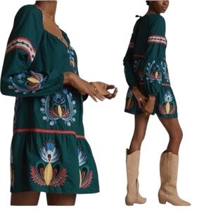 Anthropologie Let Me Be Embroidered Tunic Dress Green Size Petite‎ XS